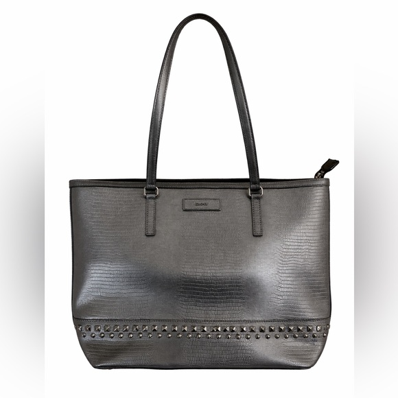 Dkny Handbags - DKNY Metallic Gray Leather Studded Tote | Zip Top | Large